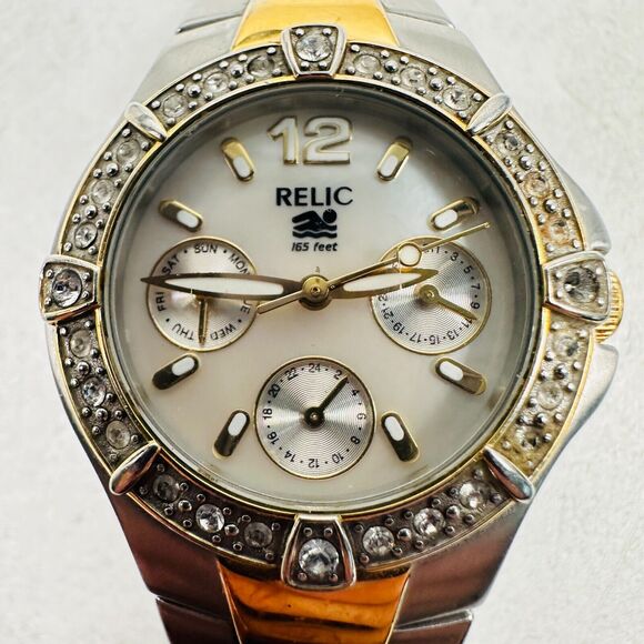 Relic Wet Watch Womens 31mm Crystal Bezel Day Date Two Tone 6.5" New Battery - Picture 9 of 11